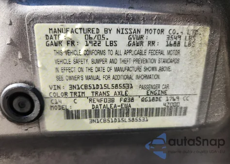2005 Nissan Sentra 1.8 z USA, uszkodzony, nr VIN 3N1CB51D15L585531